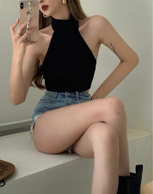 Women Sleeveless Crop Top - High Neck Low Back Backless Cotton Cropped Tops | Elegant One Size Basic Fashion Piece