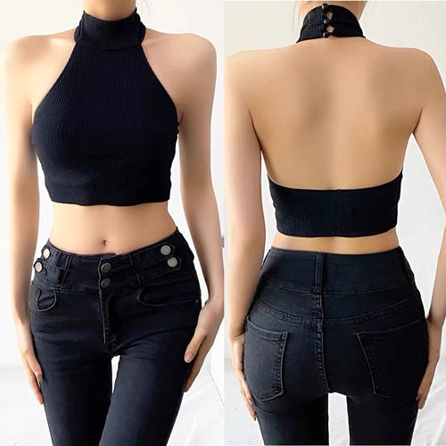 Women Sleeveless Crop Top - High Neck Low Back Backless Cotton Cropped Tops | Elegant One Size Basic Fashion Piece