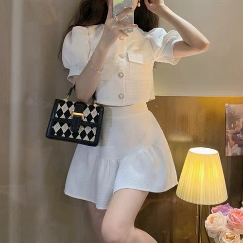 Two Piece Set | Puff Short Sleeves Round Neck Cropped Blazer Top w/ Buttons & Peasant Mini Skirt | Casual Elegant Fashion