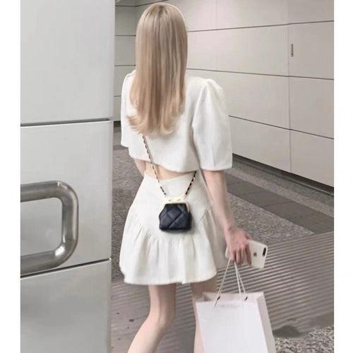 Two Piece Set | Puff Short Sleeves Round Neck Cropped Blazer Top w/ Buttons & Peasant Mini Skirt | Casual Elegant Fashion