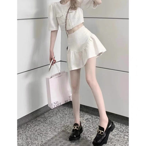 Two Piece Set | Puff Short Sleeves Round Neck Cropped Blazer Top w/ Buttons & Peasant Mini Skirt | Casual Elegant Fashion