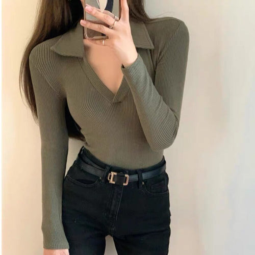 Elegant Women Long Sleeves Top - Polo Collar Deep V Low Cut Cut Out Knitted Top | Elegant Basic Fashion Piece
