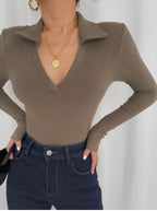 Elegant Women Long Sleeves Top - Polo Collar Deep V Low Cut Cut Out Knitted Top | Elegant Basic Fashion Piece