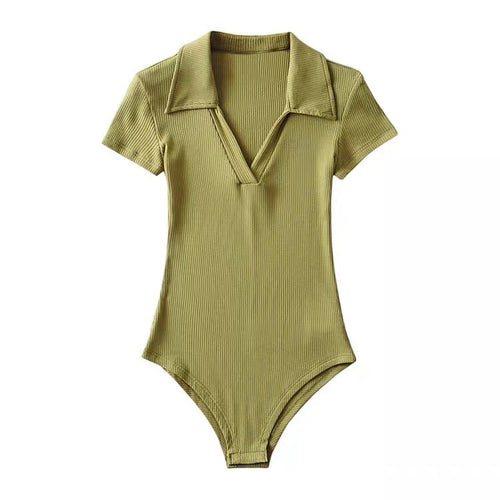 Elegant Women Short Sleeves Bodysuit- Polo Collar Deep V Low Cut Cut Out Knitted Bodysuits | Elegant Basic Fashion Piece