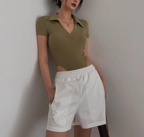 Elegant Women Short Sleeves Bodysuit- Polo Collar Deep V Low Cut Cut Out Knitted Bodysuits | Elegant Basic Fashion Piece