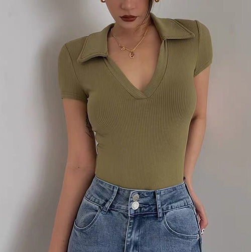 Elegant Women Short Sleeves Bodysuit- Polo Collar Deep V Low Cut Cut Out Knitted Bodysuits | Elegant Basic Fashion Piece