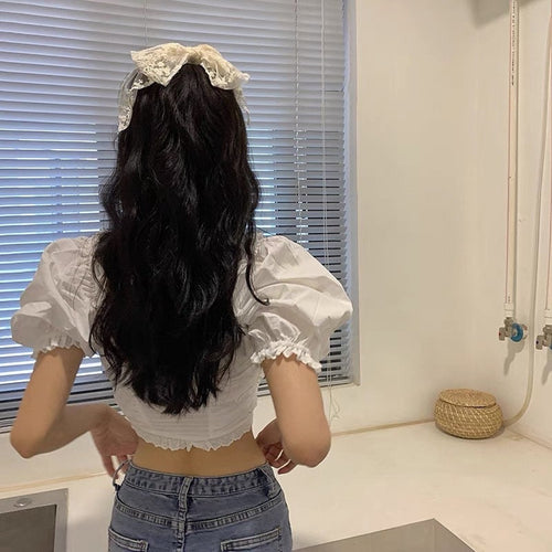 Women Puff Short Sleeves Crop Top - Sweetheart Neck Cut Out Cotton Blouse w/ Front Tie | Elegant Basic Fashion