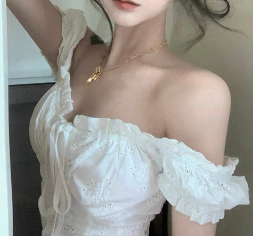 Elegant Women Puff Short Sleeves Crop Top - Square Neck Cut Out Cotton Blouse w/ Tie Front | Elegant Basic Fashion