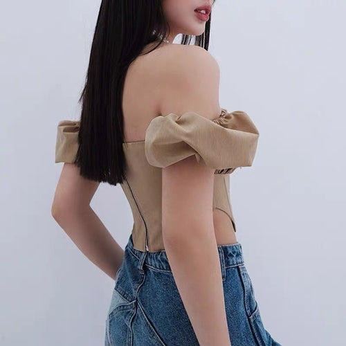 Women Puff Short Sleeves Crop Top - Square Neck Cotton Blouse | Elegant Basic Fashion Piece
