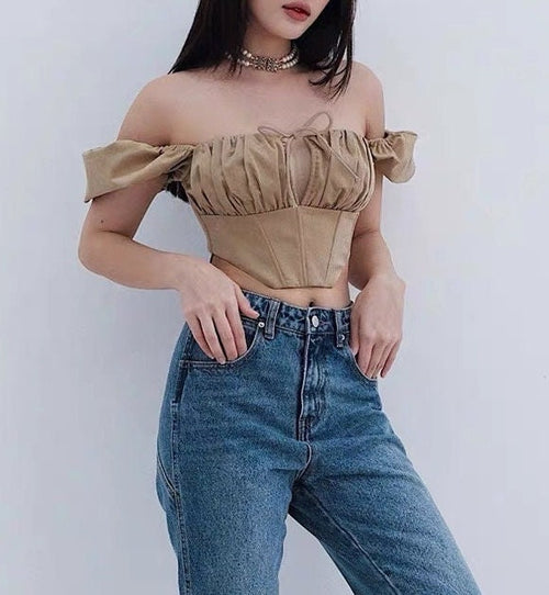 Women Puff Short Sleeves Crop Top - Square Neck Cotton Blouse | Elegant Basic Fashion Piece