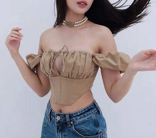 Women Puff Short Sleeves Crop Top - Square Neck Cotton Blouse | Elegant Basic Fashion Piece