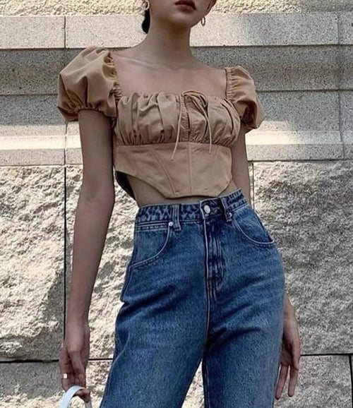 Women Puff Short Sleeves Crop Top - Square Neck Cotton Blouse | Elegant Basic Fashion Piece