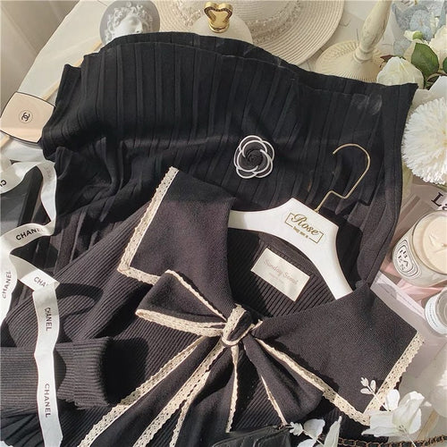 Retro Women Long Sleeve Midi Dress - One Size Pleated Knitted Midi Dress w/ V Neck &  Bow Tie Front Wedding Casual Event| Elegant Basic Fashion Piece