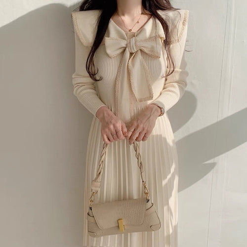Retro Women Long Sleeve Midi Dress - One Size Pleated Knitted Midi Dress w/ V Neck &  Bow Tie Front Wedding Casual Event| Elegant Basic Fashion Piece
