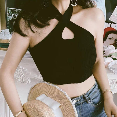 Elegant Women Sleeveless Crop Top - Front Cross Halter Neck Cotton Cropped Tops | One Size Elegant Basic Fashion Piece