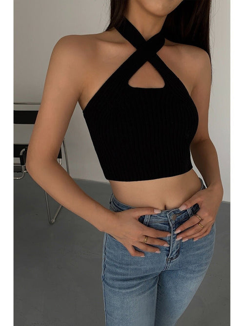 Elegant Women Sleeveless Crop Top - Front Cross Halter Neck Cotton Cropped Tops | One Size Elegant Basic Fashion Piece