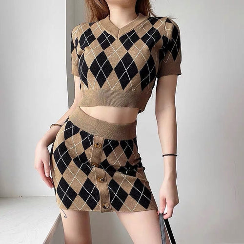 Two Piece Set | Elegant Short Sleeves Bodycon V Neck Knitted Crop Top & Mini Skirt w/ Buttons | Check Rhombus Pattern