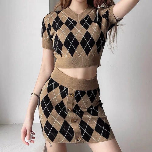 Two Piece Set | Elegant Short Sleeves Bodycon V Neck Knitted Crop Top & Mini Skirt w/ Buttons | Check Rhombus Pattern
