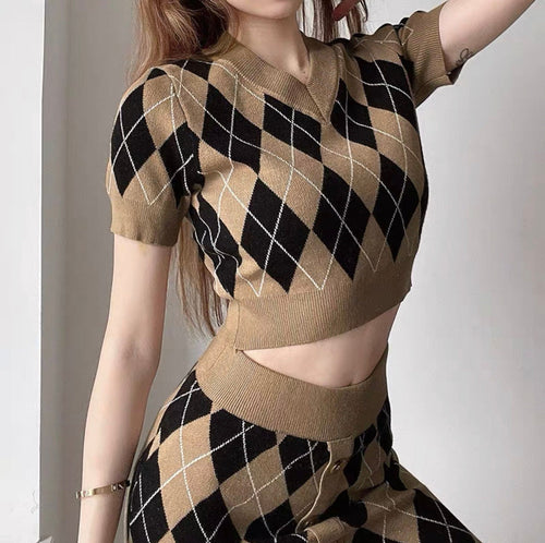 Two Piece Set | Elegant Short Sleeves Bodycon V Neck Knitted Crop Top & Mini Skirt w/ Buttons | Check Rhombus Pattern
