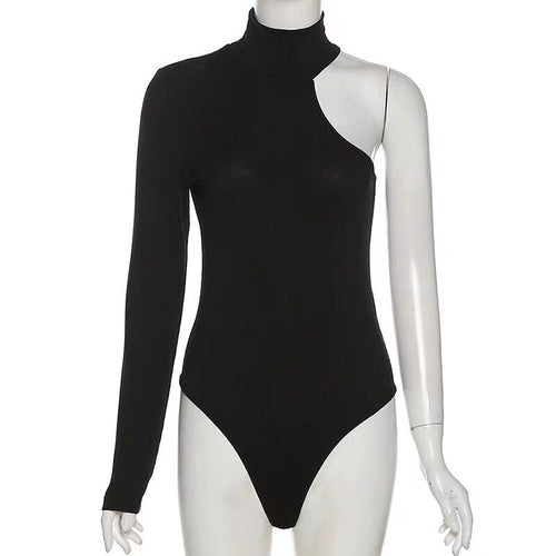 Elegant Women Long Sleeves Elastic Bodysuit- High Neck One Shoulder Asymmetric Knitted Bodysuits | Elegant Basic Fashion Piece