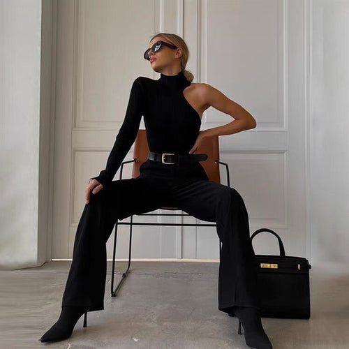 Elegant Women Long Sleeves Elastic Bodysuit- High Neck One Shoulder Asymmetric Knitted Bodysuits | Elegant Basic Fashion Piece