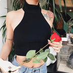 Women Sleeveless Crop Top - High Neck Low Back Backless Cotton Cropped Tops | Elegant One Size Basic Fashion Piece