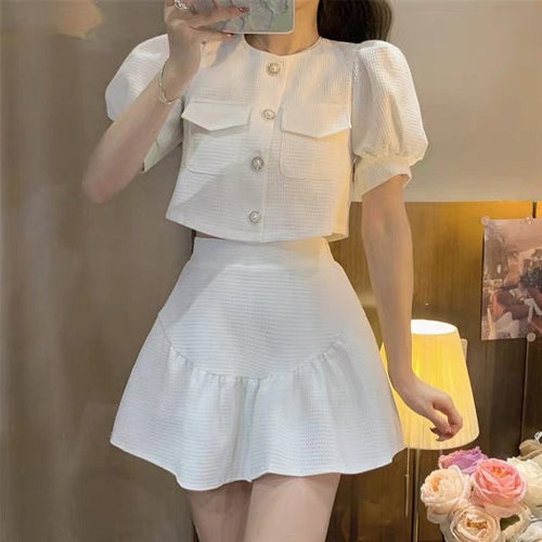 Two Piece Set | Puff Short Sleeves Round Neck Cropped Blazer Top w/ Buttons & Peasant Mini Skirt | Casual Elegant Fashion