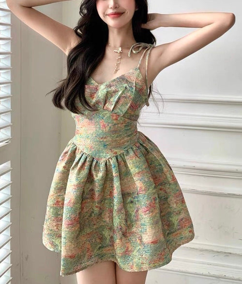 Chic Women Sleeveless Mini Bubble Dress - Floral Pattern Cotton Cami Dress w/ Halter Neck and Low-Back | Elegant Basic Fashion Piece