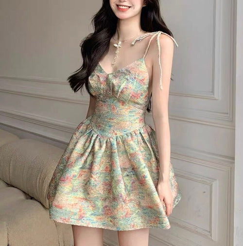 Chic Women Sleeveless Mini Bubble Dress - Floral Pattern Cotton Cami Dress w/ Halter Neck and Low-Back | Elegant Basic Fashion Piece