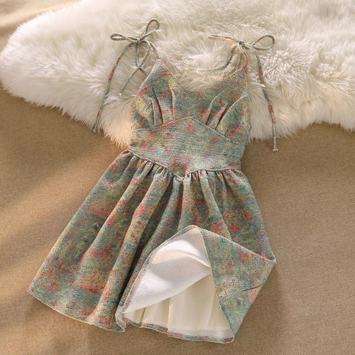 Chic Women Sleeveless Mini Bubble Dress - Floral Pattern Cotton Cami Dress w/ Halter Neck and Low-Back | Elegant Basic Fashion Piece