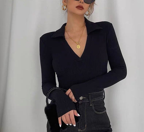 Elegant Women Long Sleeves Top - Polo Collar Deep V Low Cut Cut Out Knitted Top | Elegant Basic Fashion Piece