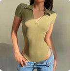 Elegant Women Short Sleeves Bodysuit- Polo Collar Deep V Low Cut Cut Out Knitted Bodysuits | Elegant Basic Fashion Piece