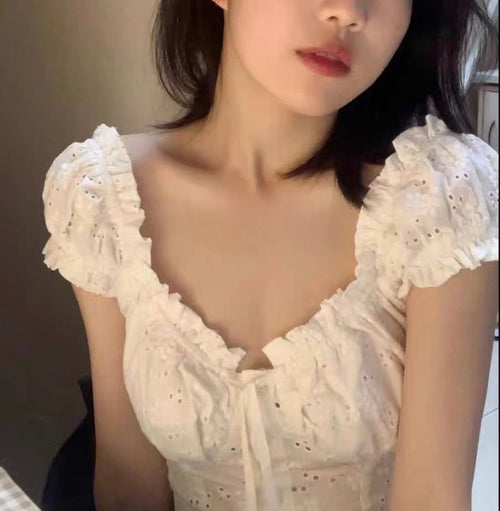 Elegant Women Puff Short Sleeves Crop Top - Square Neck Cut Out Cotton Blouse w/ Tie Front | Elegant Basic Fashion