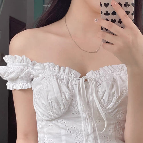 Elegant Women Puff Short Sleeves Crop Top - Square Neck Cut Out Cotton Blouse w/ Tie Front | Elegant Basic Fashion