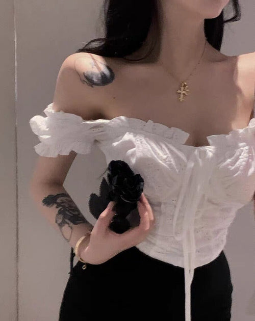 Elegant Women Puff Short Sleeves Crop Top - Square Neck Cut Out Cotton Blouse w/ Tie Front | Elegant Basic Fashion