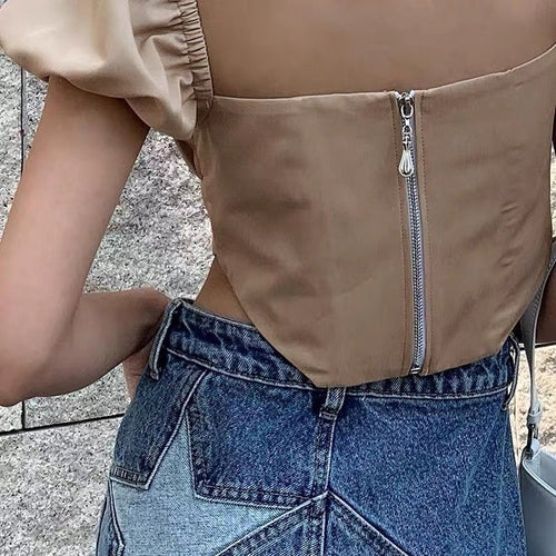 Women Puff Short Sleeves Crop Top - Square Neck Cotton Blouse | Elegant Basic Fashion Piece