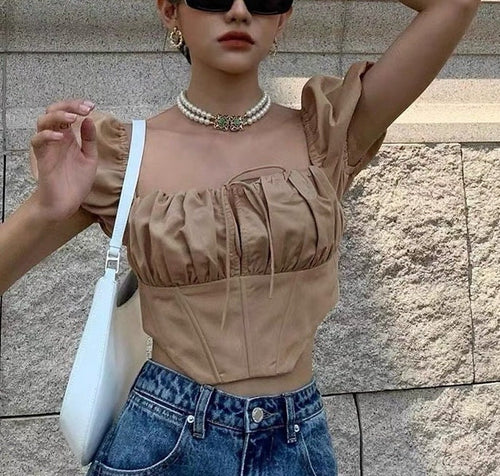 Women Puff Short Sleeves Crop Top - Square Neck Cotton Blouse | Elegant Basic Fashion Piece