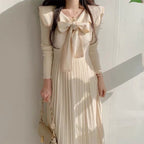 Retro Women Long Sleeve Midi Dress - One Size Pleated Knitted Midi Dress w/ V Neck &  Bow Tie Front Wedding Casual Event| Elegant Basic Fashion Piece