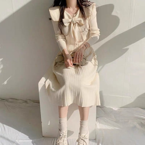Retro Women Long Sleeve Midi Dress - One Size Pleated Knitted Midi Dress w/ V Neck &  Bow Tie Front Wedding Casual Event| Elegant Basic Fashion Piece