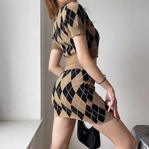 Two Piece Set | Elegant Short Sleeves Bodycon V Neck Knitted Crop Top & Mini Skirt w/ Buttons | Check Rhombus Pattern