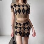 Two Piece Set | Elegant Short Sleeves Bodycon V Neck Knitted Crop Top & Mini Skirt w/ Buttons | Check Rhombus Pattern