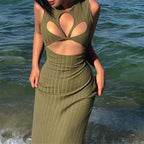 Chic Women Sleeveless Midi Dress - Stretchy Bodycon Style Cotton Split Hem Pencil Dress w/ 2 Sides 2 in 1 | Elegant Basic Fashion Piece