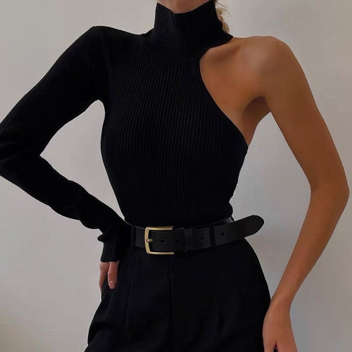 Elegant Women Long Sleeves Elastic Bodysuit- High Neck One Shoulder Asymmetric Knitted Bodysuits | Elegant Basic Fashion Piece