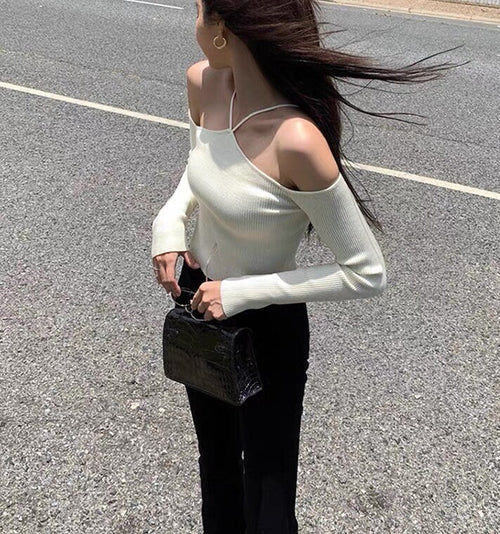 Women Long Sleeves Top - Front Cami Cross Halter Neck Knitted Off The Shoulder Ribbed Tops | Elegant Basic Fashion Piece