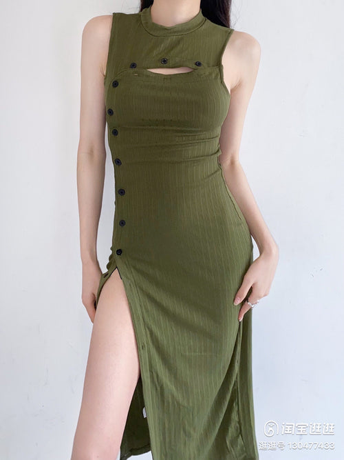 Chic Women Sleeveless Midi Dress - Stretchy Bodycon Style Cotton Split Hem Pencil Dress w/ 2 Sides 2 in 1 | Elegant Basic Fashion Piece
