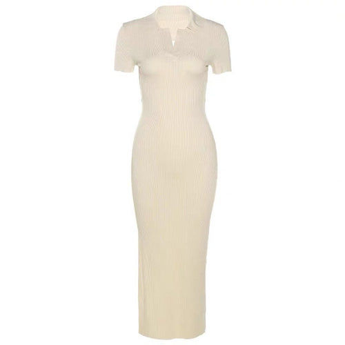Chic Women Short Sleeves Polo Maxi Dress - Slim Fit Bodycon Cotton Split Hem Pencil Backless Dress w/ Tie Up  Elegant Basic Fashion Piece