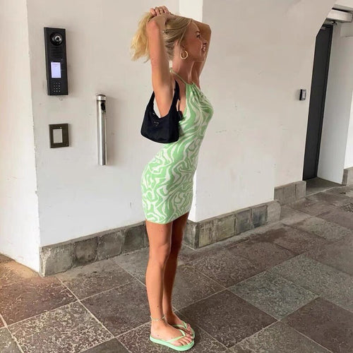 Chic Women Sleeveless Tie Dye Dress - Sexy Bodycon Style Cotton Mini Dress w/ Halter Neck & Tie Back | Elegant Basic Fashion Piece