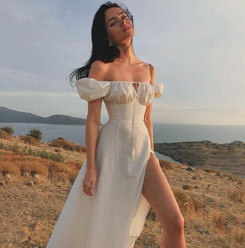 Women Smocked Puff Short Sleeves A-line Midi Dress - Square Neck Cut Out Cotton Split Hem Midi Dress w/ buttons | For Wedding&Casual