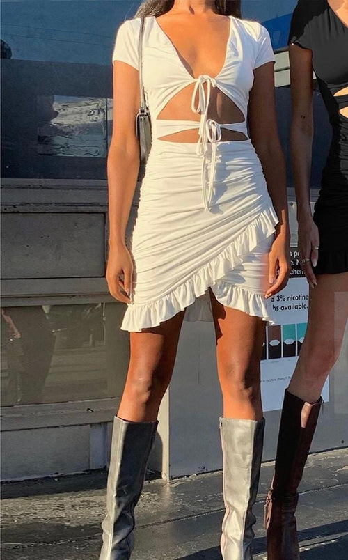 Chic Women Short Sleeve Mini Dress - Bodycon Cotton Ruched Backless Dress w/ Front Cross Strap & Cut Out Neck | Elegant Basic Fashion Piece