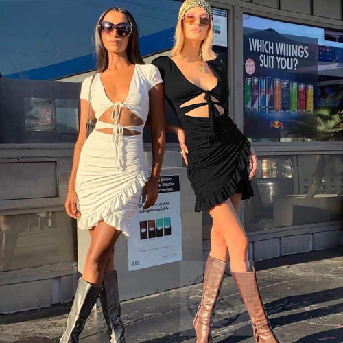 Chic Women Short Sleeve Mini Dress - Bodycon Cotton Ruched Backless Dress w/ Front Cross Strap & Cut Out Neck | Elegant Basic Fashion Piece